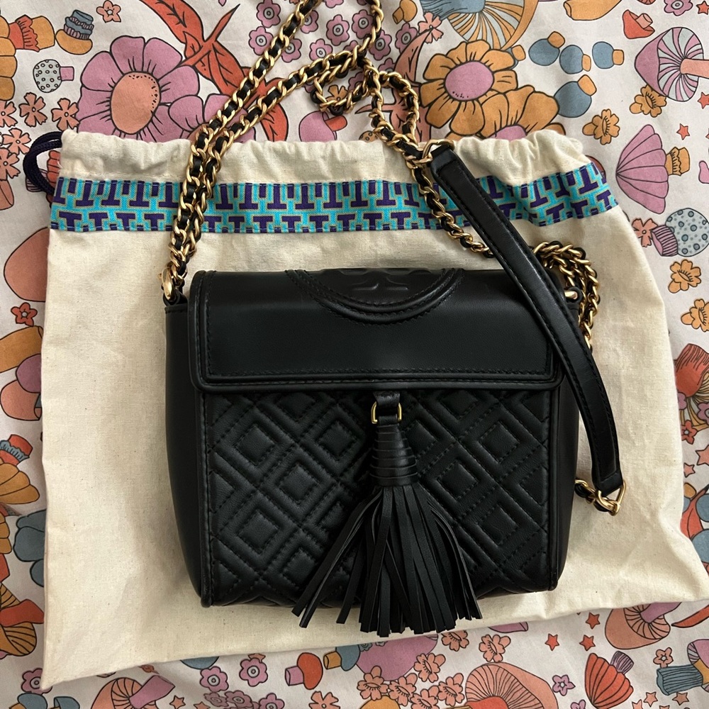 Tory Burch Black Quilted Crossbody Bag with Tassel
